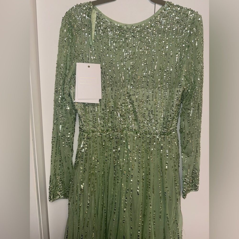 NWT| 5636 Sage Green Illusion High Neck Long Sleeve Embellished Gown Size 10 - Picture 13 of 15